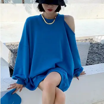 2022 Primavara Toamna Femei Pulover Subțire Liber coreean Sexy Strapless Mijlocul lungime Rotund Gat de Sus Ins Tendință Supradimensionate T-shirt