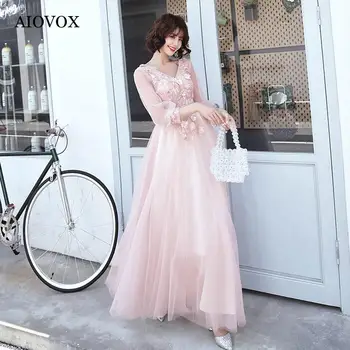 AIOVOX Printesa Aplicatii Roz Rochii de Seara O-Linie Tul Elegant Party Dress V-Gât Podea-Lungime Vestido De Noche Custom-Made