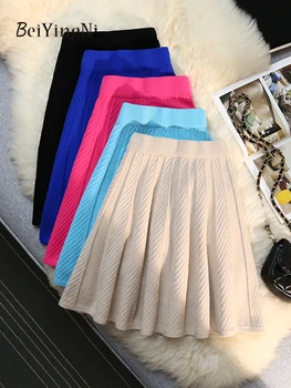 Beiyingni Femei Plisate Fuste Mini Moda coreeană Elastic Talie Mare Scurt O-linie Fusta Tricotate Toamna Iarna Casual Faldas