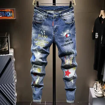 broderie stitchwork Boutique Europene Barbati de Brand Blugi Slim din Denim Pantaloni Stretch Albastru Mozaic Gaura Pantaloni Pentru Bărbați Rupt