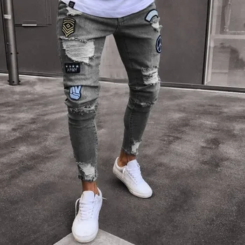 Calitate de Top 2022 Moda Casual Mica Insigna Patch-uri Jeans Men\'s Genunchi Gaura Fermoar Picior Gaura Bărbați Întinde Picioarele Pantaloni Barbati