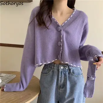 Cardigan Femei Violet Pulover Chic Moda coreeană Simplu Solid Epocă All-meci Tricotate de Toamna Decupate Harajuku Streetwear Noi