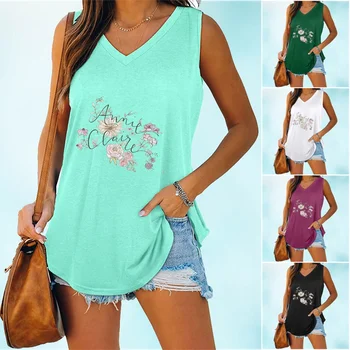 Femei de Moda de Top Florale Imprimate T-shirt de Vară fără Mâneci Largi de Moda de Top Vesta Camasa Laides V Neck Tank Top