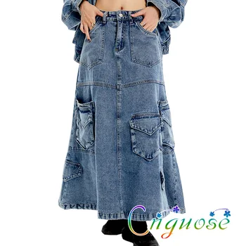 Femei de Moda de Îmbrăcăminte Casual Vintage Despicare Pocket Denim Maxi Lung O-Linie Femei de Stradă de Lucru Fusta Jeans Toamna 2022