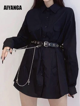 Femei Solid Negru Gotic Bluze Simple Rochie Casual, Camasi Guler de Turn-down Cu Centura de Bază Topuri coreean Pierde Toate-meci de INS