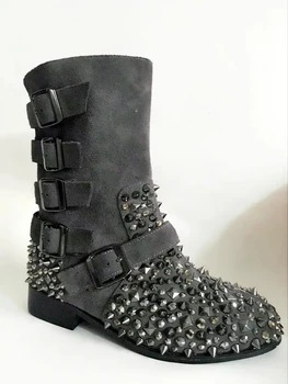 Femeie Metal Nituri Împânzit Rotund Toe Glezna Cizme Cu Catarama Curea De Piele De Căprioară Cizme Din Piele Pentru Femei Tocuri Joase Aluneca Pe Cizme Mujer Pantofi De Femeie