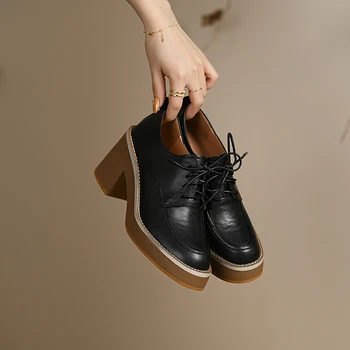Femeile Pompa 34-39 Black Genuine Piele De Vacă Stil Britanic Metal-Manual De Pantofi Cu Toc, Mocasini Pantofi Cu Toc Casual Ladies 2022