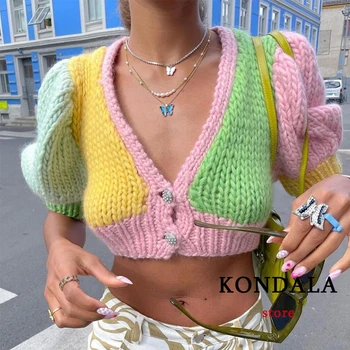 Femeile Streetwear-Sexy Colorate Cardigane Za 2021 V Gât Diamant Mozaic Pulovere Tricotate cu Maneci Scurte Tricotaje Y2K Fete Topuri