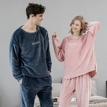 Flanel Cuplu Pijama Set Gros De Iarna Fleece Coral Pijamale Bărbați Femei Topuri Cu Maneci Lungi Pantaloni Iubitorii De Homewear Potrivi Plus Dimensiune