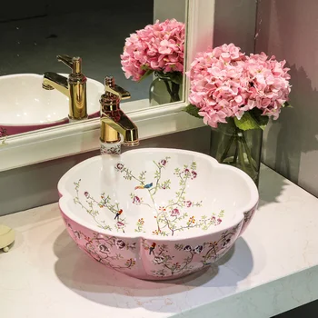 Flori și păsări de culoare roz Baie Lavabo Ceramice blat chiuveta Vestiar Portelan Navă Chiuveta chiuveta chiuveta