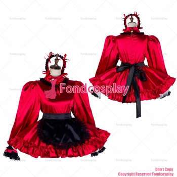 fondcosplay adult sexy cross dressing sissy menajera scurt rosu rochie din satin blocabil Uniformă șorț negru costum CD/TV[G2034]