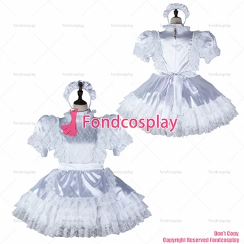 fondcosplay adult sexy cross dressing sissy menajera satin alb rochie de dantelă blocabil Uniformă cosplay costum CD/TV[G2358]