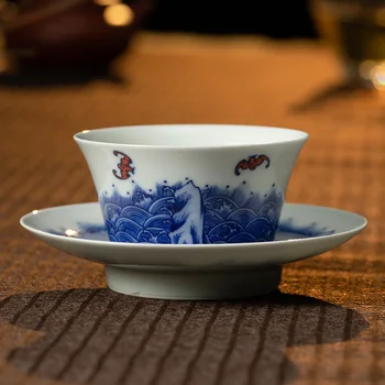 Guanfu Muzeul Wufu Sihai Mână Vopsit în Albastru și Alb Master Cupa Jingdezhen Albastru și Alb Trase de Mână Kung Fu Ceașcă de Ceai de Portelan M