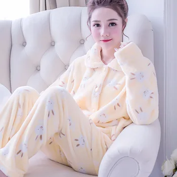 H5763 Toamna Iarna Îngroșa Pijamale Coral Velvet Lady Cu Maneci Lungi Flanel Coreean Homewear Femei Costum Cald Confortabil De Îmbrăcăminte De Noapte