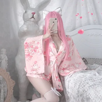 Japoneze Sexy Roz Kawaii Kimono Cosplay Lenjerie Costum Stil Tradițional, Halat De Tentația De Costume Pijama Set Curea Pentru Femei