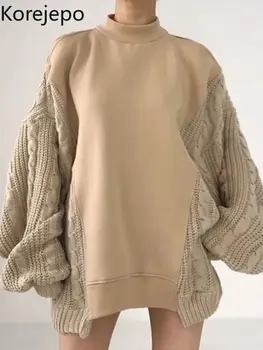 Korejepo Vintage Stil Leneș Pulover Femei Toamna Iarna Jumătate Gât Înalt De Pe Umăr Pulovere Top 2022 Cusaturi Tricot Pulover