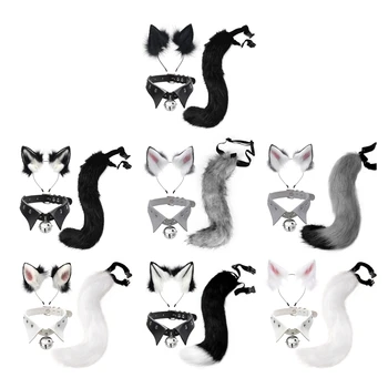 L5YA Fox Costum Set de Accesorii-Cat Bentita Urechi,Coada,Cravată Kit Halloween Fox Cosplay, Costume pentru Adulți Femei Bărbați