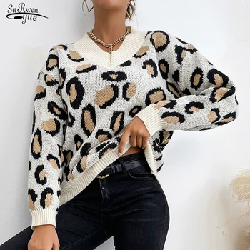 Liber Supradimensionate V-Gât Pulovere Tricotate Femei Toamna anului Nou 2021 Pulover Feminin Jumper Mujer Leopard-print Topuri Temperament 17977