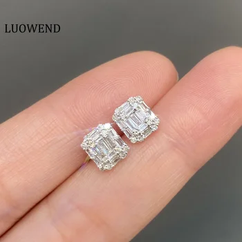 LUOWEND 100% 18K Aur Alb Cercei Real Diamante Naturale Cercel AU750 Moda Dreptunghi Halo Design de Lux Bijuterii Femei
