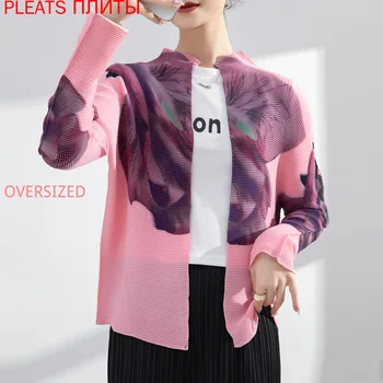 Miyake Plisată Top Femei Nou Liber de Mari Dimensiuni Decora Întinde de Imprimare Cardigan Jacheta PLIURI Tricou