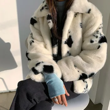 Moda coreeană Noi Femeile Vaca Model Imitatie Nurca Haină de Blană de sex Feminin Cald Palton Scurt Negru Gros și pete Albe de Pluș Haina