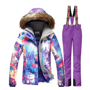 Moda Guler de Blană pentru Femei Zăpadă Costum de Sport în aer liber Purta Snowboarding Seturi de 10K Waterproof, Windproof Schi Sacou și Pantaloni de Zăpadă