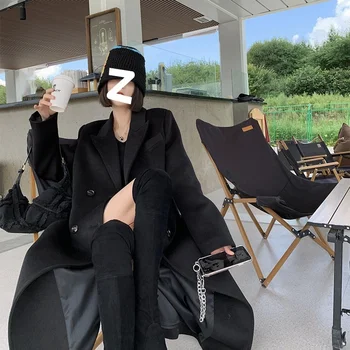 Moda Negru De Lână Mantou Pentru Femei 2022 Nou Stil Hepburn Stil Peste Genunchi Mediu Timp De Versatil La Modă Haină De Lână