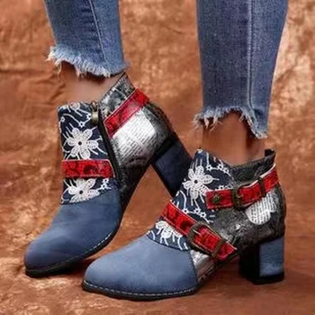 Moda Vintage Despicare Tipărite Glezna Cizme pentru Femei Pantofi pentru Femeie din Piele PU Retro Bloc Tocuri inalte cu Fermoar pentru femei Cizme pentru Femei de Dimensiuni Mari