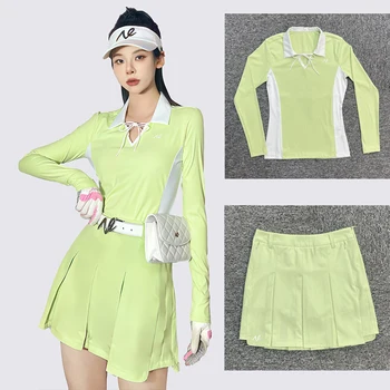 NE Toamna Iarna Nou Golf Poarte Femeile de Moda coreeană V-neck Quick Dry Top T-shirt Fusta Plisata Anti-lumină Hakama Verde Golf Costum