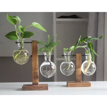 NOI Hidroponice de Plante Vase de Epocă Ghiveci de Flori Vaza Transparenta Cadru de Lemn, Masă de Sticlă Plante Home Decor Bonsai