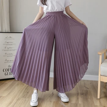 pantaloni lungi de Culoare Solidă Pantaloni Largi Picior Femei Cutat Șic Mare Elastic Talie Pantaloni Largi de Vara Casual Curge Sifon Pantaloni