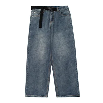 Spălat Cusatura Pantaloni Din Denim Mens High Street Largi Picior Streetwear Blugi Largi Cu Curea Design Simplu Casual Pantaloni Drepte