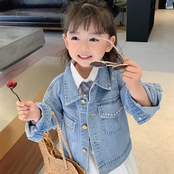 Stil coreean Copilul Fete Blugi Sacou Haina de Moda Toamna Pieptul Singur ștrasuri din Mărgele Printesa Uza De 2-7Yrs Copii Denim Haine