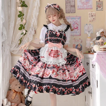 Stil Japonez Kawaii Fata Cosplay Lolita Sk Dulce Costum Top+Rochie Drăguț Loli Imprimare Căpșuni Cireșe Scrisoare Ciufulit Rochie Bow