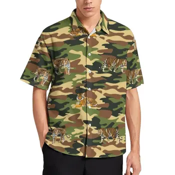 Tiger Camo Print Shirt De Sex Masculin Epocă Animal, Tricouri Casual Hawaii Grafic Bluze Cu Mâneci Scurte Elegante Supradimensionate Cadou