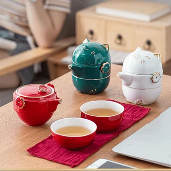 Travel Set De Ceai Portabil Set De Ceai Din Ceramica 1 Vas 2 Cani De Călătorie Set De Ceai Cani Sac De Depozitare Teaware Set De Izolare Termică Container