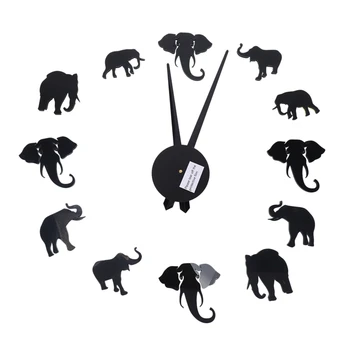 Unica Forma de Animale Ceas de Perete Moda DIY Acril Oglindă Elefant Agățat Ceas Pentru Casa Dormitor, Living,Negru