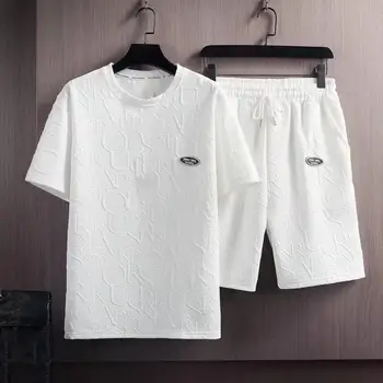 Vara Solid de Culoare T-shirt, pantaloni Scurți 2 Bucati Set Trening Barbati Litere 3D Vintage Streetwear Creative Model Barbati Haine Scurte
