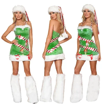 Verde Piept Înfășurat Sexy Moș Crăciun Îmbrăcăminte Rochie De Petrecere Santa Costum Cosplay Păros Rochie Cu Palarie, Încălzit De Picior