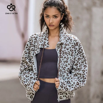 Vintage Iarna Femei Leopard De Imprimare Care Rulează Jacheta De Moda Termică Antrenament SweatshirtsLong Maneca Cu Fermoar Vrac Formare Haina P436