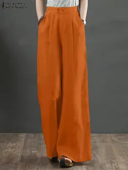 ZANZEA Toamna Vintage de Birou OL Pantaloni Largi cu Talie Înaltă din Bumbac Drept Codrin Femei Largi Picior Pantaloni Elegant Casual Pantaloni